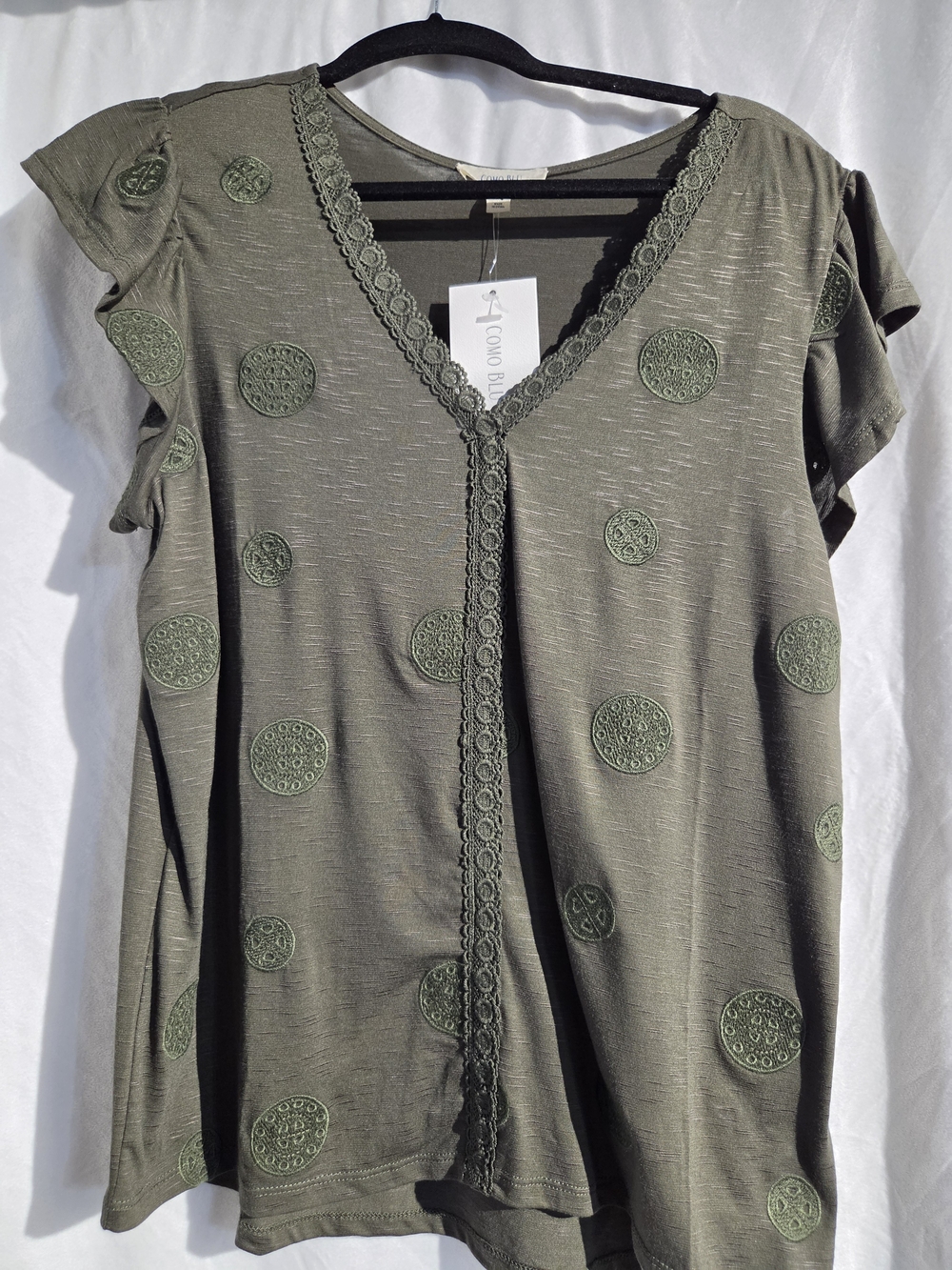 Cloud Blue Olive Green V-Neck Embroidered Women's Top